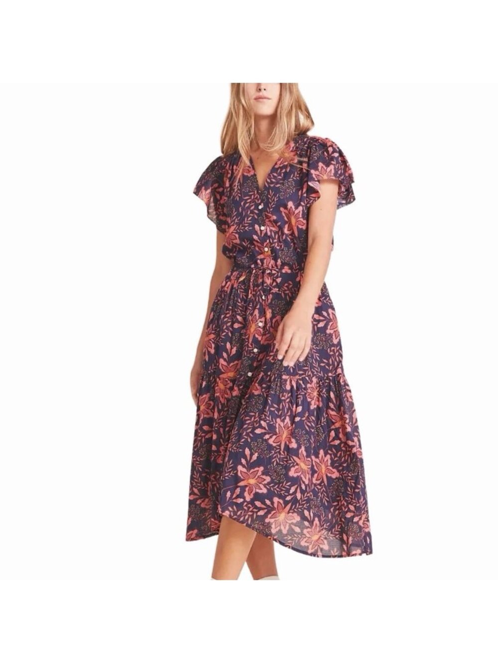 Trovata Birds of Paradis Kristi Midi Dress Blue Pink Floral Cotton Women’s Large